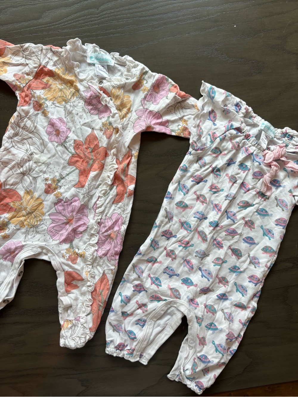 Baby Floral & Turtle Print Footies - White with Pink, Coral & Yellow
